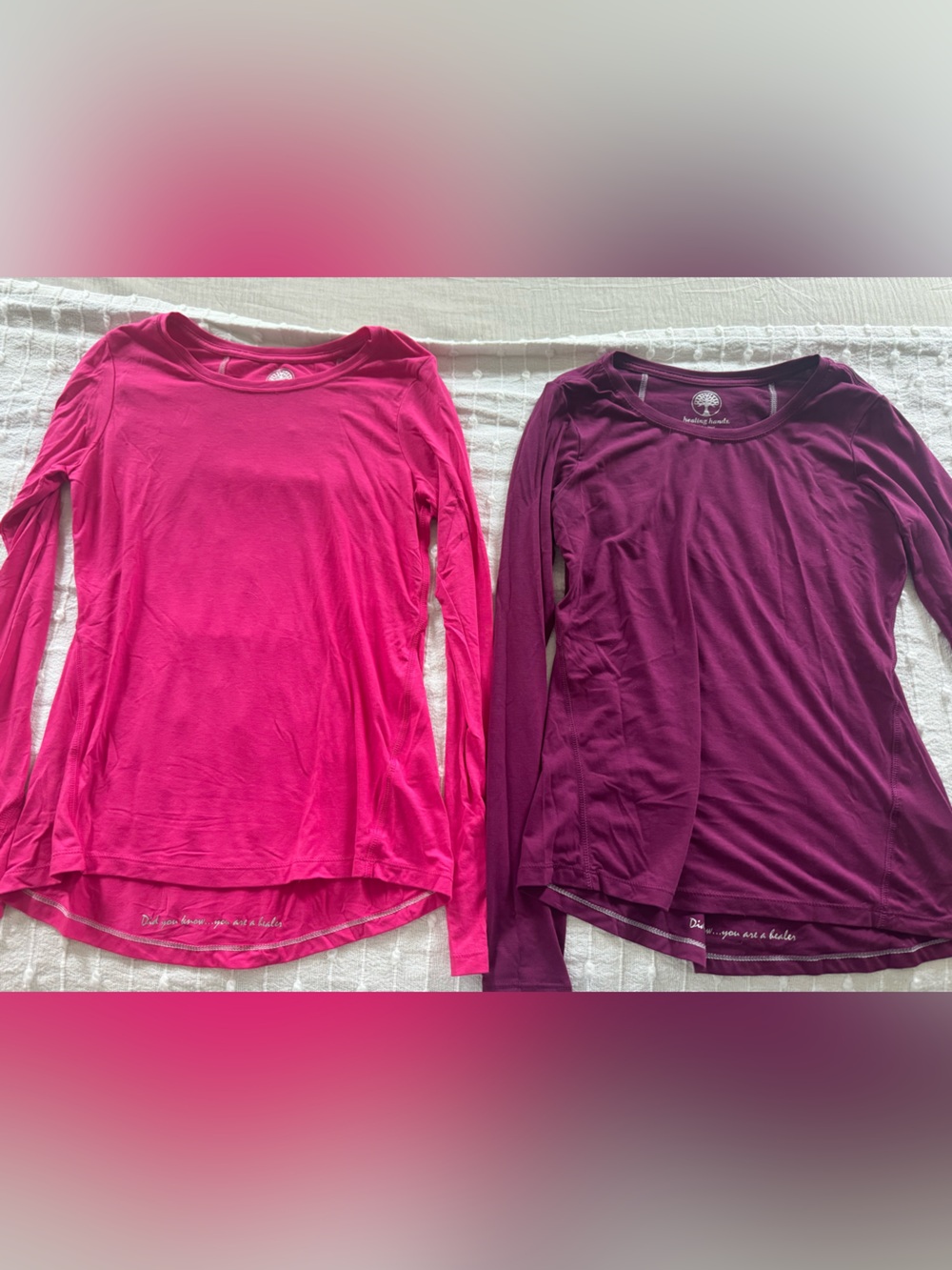 Two healing hands under scrub t shirts pink and purple long sleeve xs